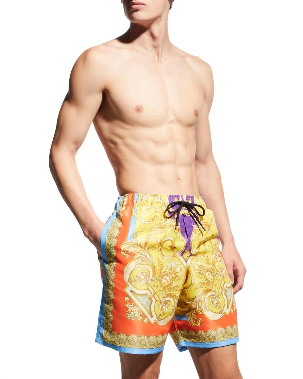 NEW VERSACE men's swim shorts in dark orchid and sun